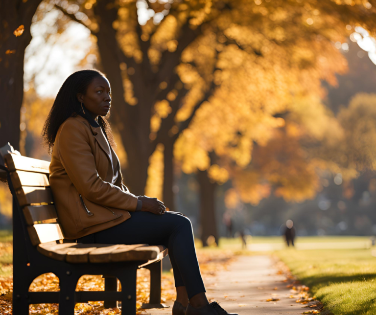 Woman sitting alone on a park bench in the fall.