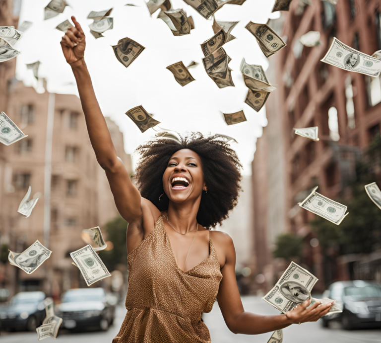 Woman throwing money up in the air.